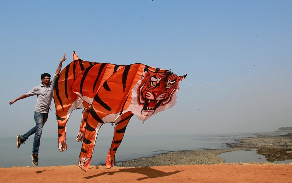 A participant runs with a large tiger-shaped kite as he prepares to fly it at the International Kite Festival in Mumbai.