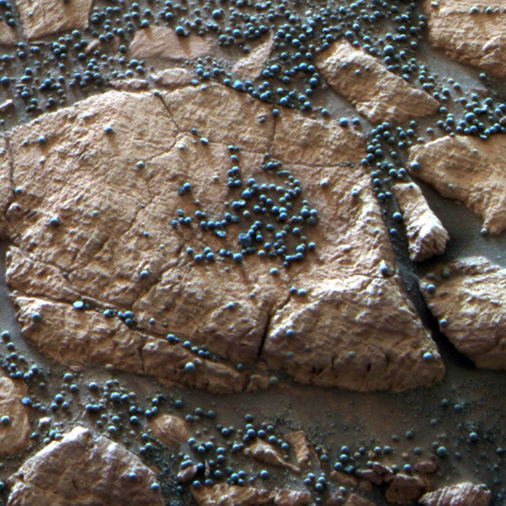 This image provided by NASA shows loose, BB-sized, hematite-rich spherules embedded in this Martian rock like blueberries in a muffin and released over time by erosion. The Mars Rover Opportunity found this cluster of them at its Eagle Crater landing site and analyzed their composition with its spectrometers.