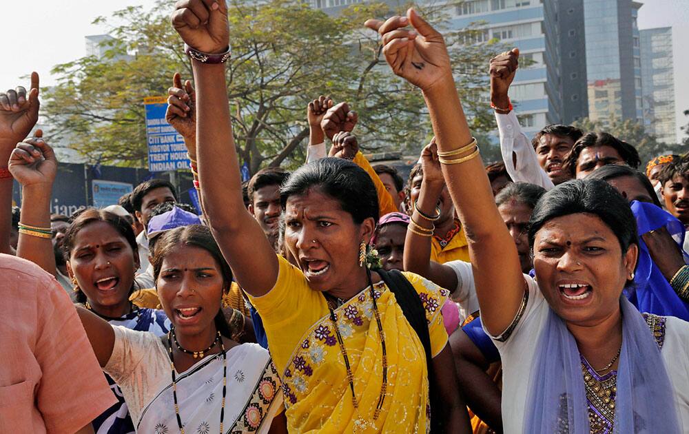 Activists of an organization called Dalit Cobra shout slogans during a protest outside the U.S. consulate in Mumbai, India.
