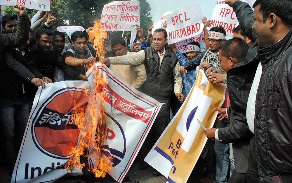 Activist of All Assam Student’s Union (AASU) during a protest against hike in the prices of petroleum products in Assam.