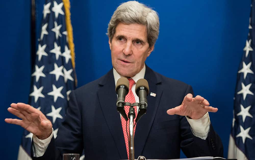 US Secretary of State John Kerry speaks during a press conference at the David Citadel Hotel in Jerusalem.
