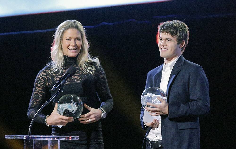 Norwegian professional golfer Suzann Pettersen and Norwegian World Chess champion Magnus Carlsen with their `Award of the Athletes` awards during an awards ceremony at a Norwegian Sports Gala event, in Oslo.