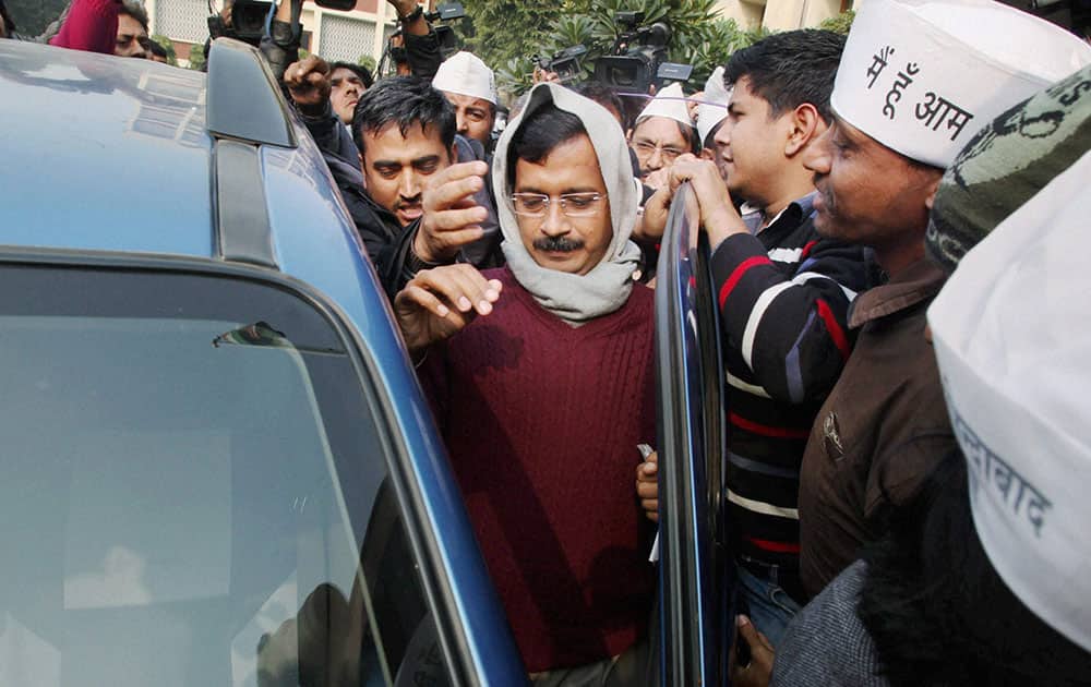 Delhi Chief Minister Arvind Kejriwal leaves after the party`s National Executive meeting in New Delhi.