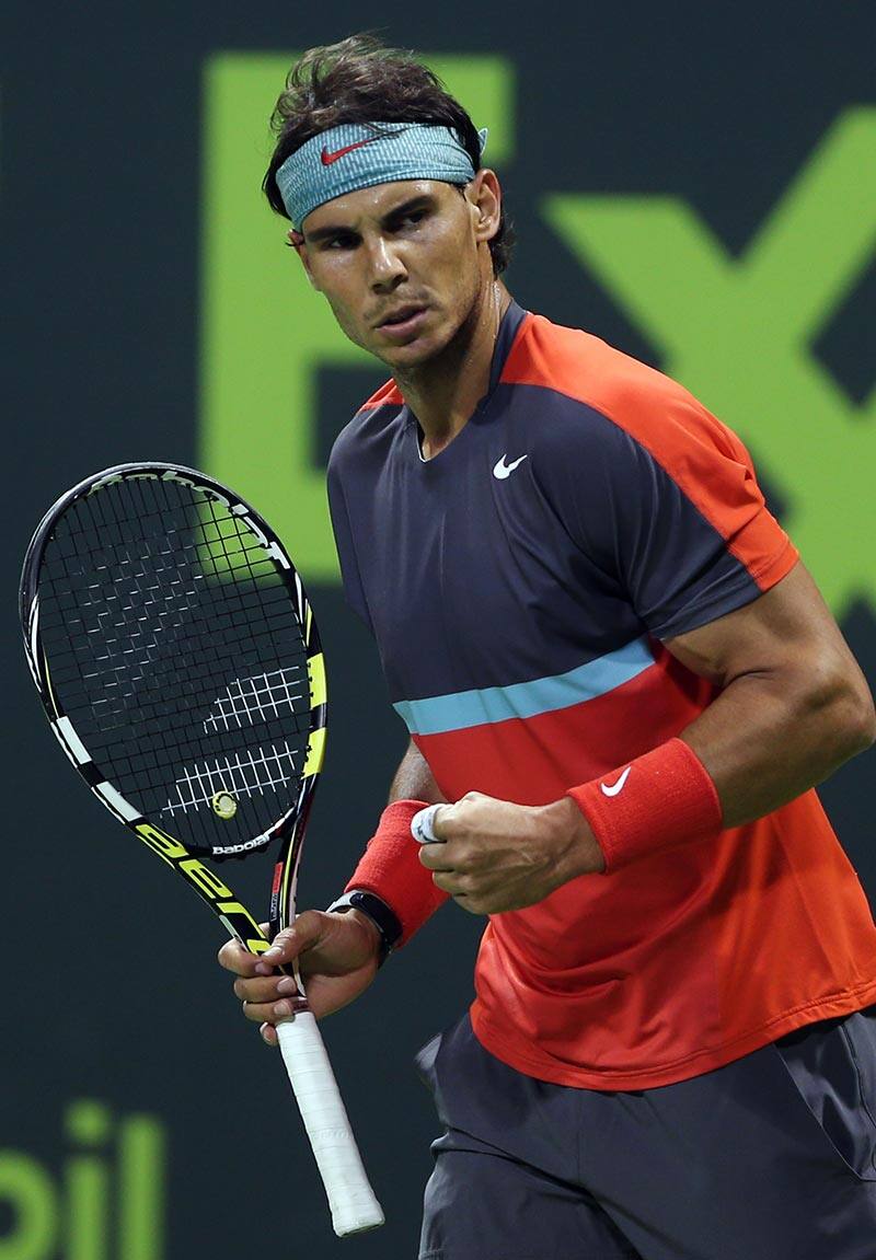 Spain`s Rafael Nadal clenches his fist after winning a point against Germany`s Peter Gojowczyk in their semifinal match the Qatar Open tennis tournament at the Khalifa Tennis Complex in Doha, Qatar.