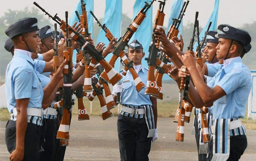 Air warrior drill team in action during the combined Passing Out Parade organized at the Air Force Station in Chennai.