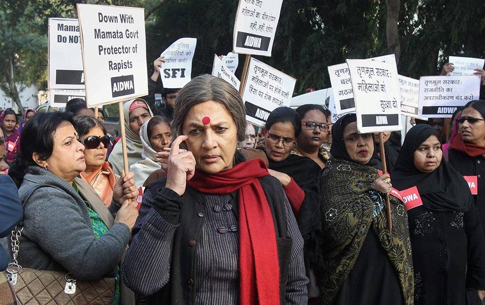 CPI-M leader Brinda Karat during a protest demonstration by AIDWA members against the death of a 16-year-old gang rape victim in Kolkata, near Banga Bhawan in New Delhi.