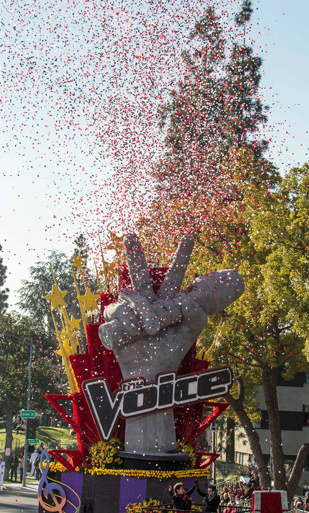 NBC`s The Voice float `Singing the Dream` moves along Orange Grove Boulevard during the 125th Tournament of Roses Parade in Pasadena, Calif.