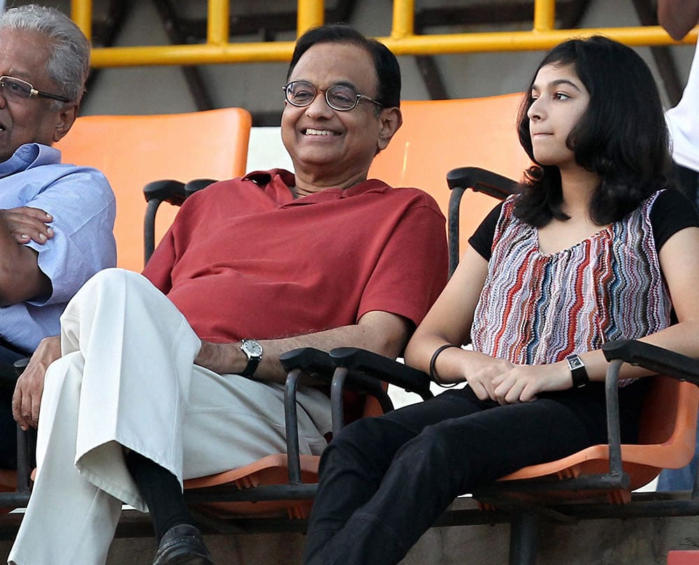 Finance Minister P Chidambaram watches the tennis match between India`s Yuki Bhambri and Pablo Carreno Busta of Spain during their first round of men’s single for ATP Chennai Open 2014 in Chennai.
