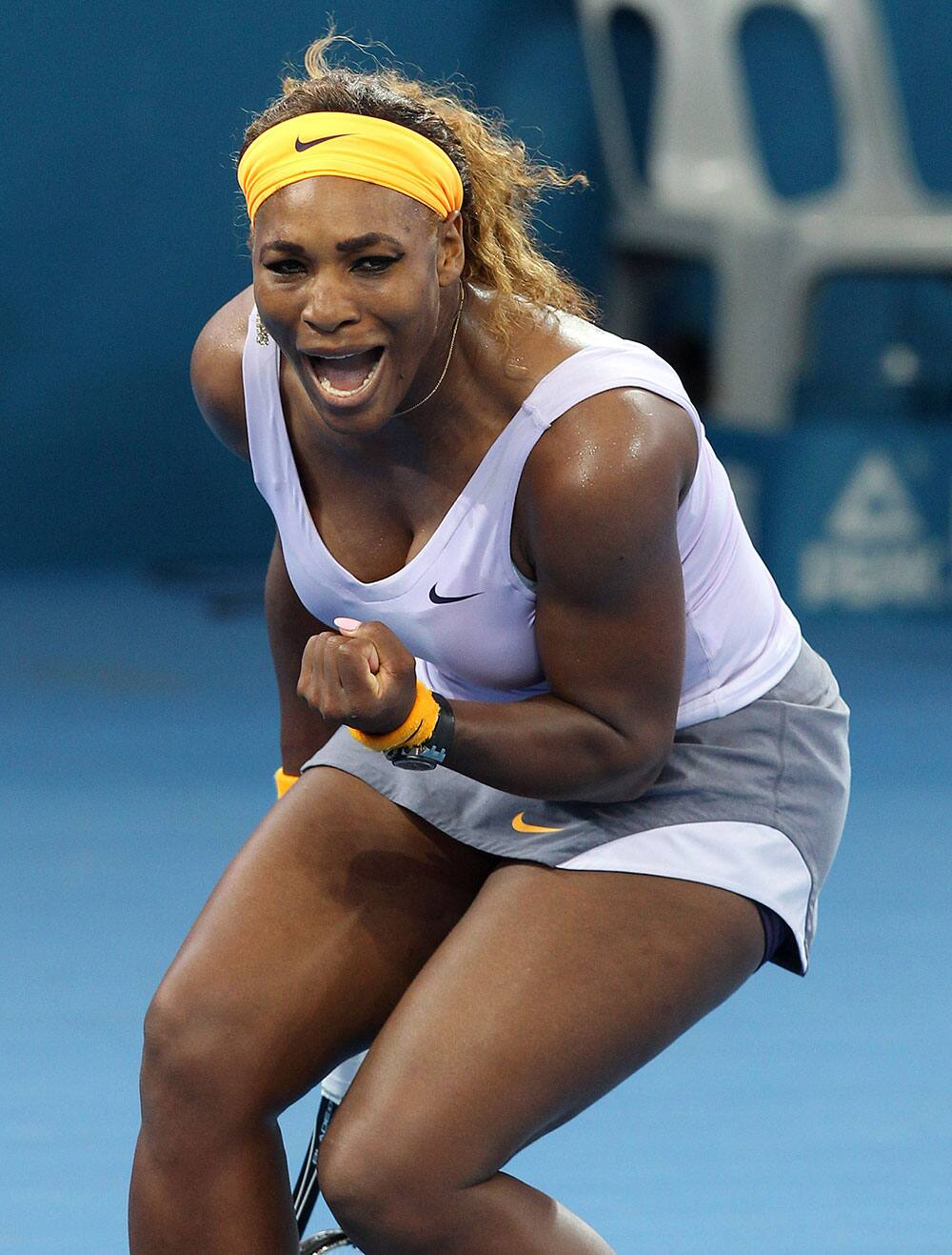 Serena Williams of the USA reacts after winning the first set in her 2nd round match against Andrea Petkovic of Germany at the Brisbane International tennis tournament in Brisbane, Australia.