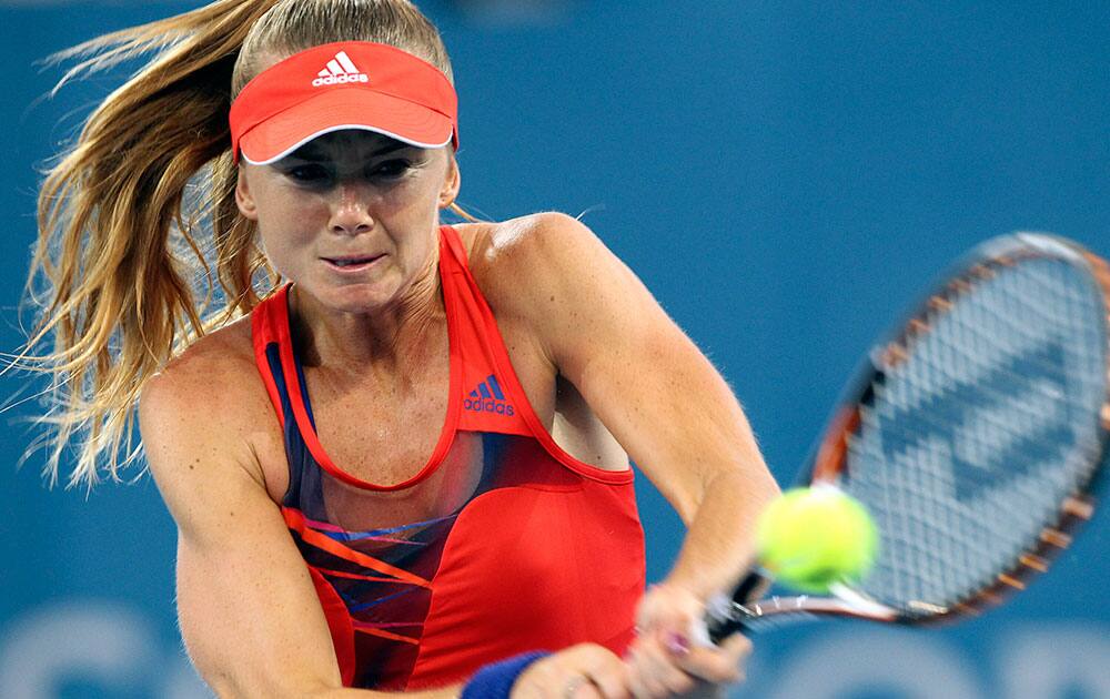 Daniela Hantuchova of Slovakia plays a shot in her match against Ashleigh Barty of Australia during the Brisbane International tennis tournament.