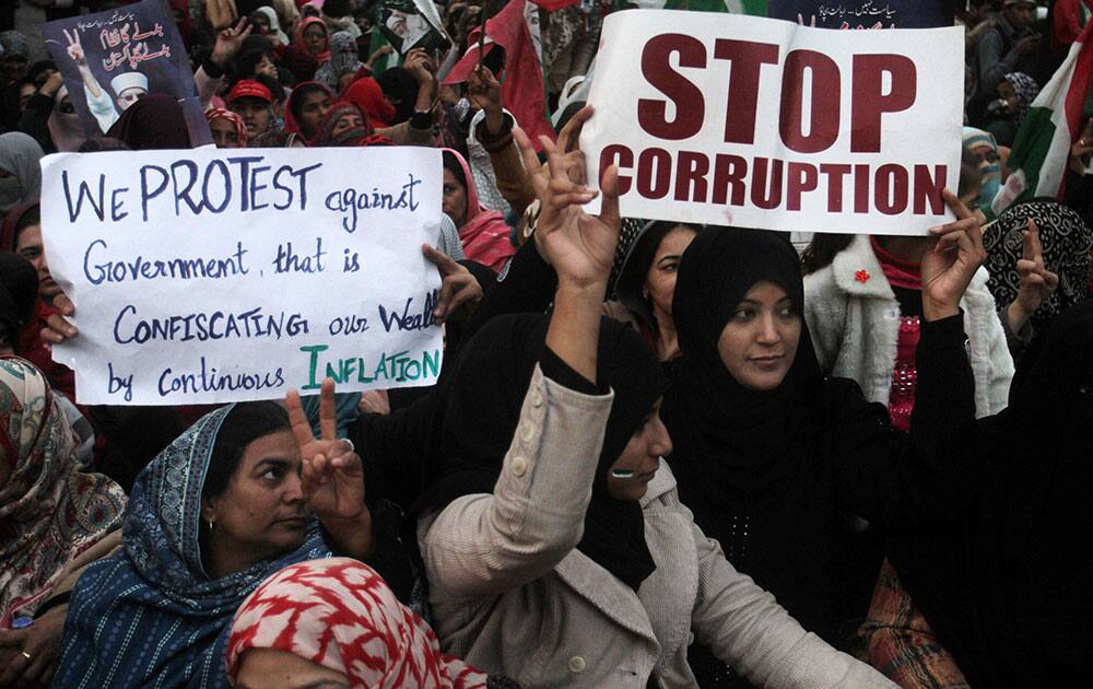 Supporters of Pakistani cleric Tahirul Qadri leader of Pakistan Awami Tehreek protest in Lahore, Pakistan. Thousands have gathered to protest against inflation, unemployment, and lawlessness in the country.