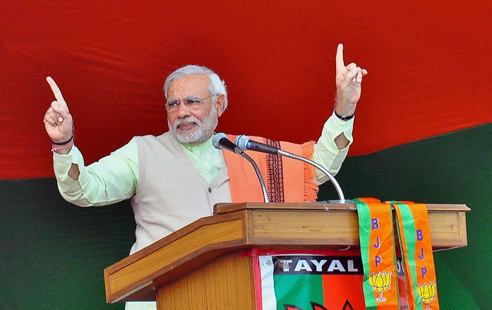 India’s main opposition Bharatiya Janata Party (BJP) leader Narendra Modi addresses a rally in Ranchi, Jharkhand, India.