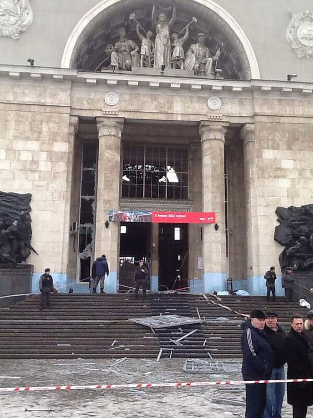 In this photo taken on a cell phone, made available by Volgograd Mayor`s Office, debris lies outside an entrance to Volgograd railway station.