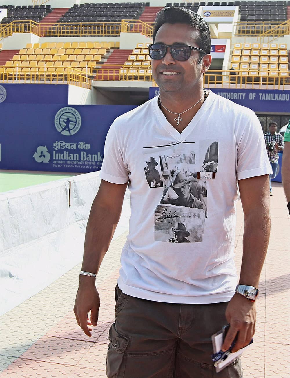 Indian tennis player Leander Paes during a practice session for the ATP Chennai Open 2014 at SDAT Tennis Stadium in Chennai.