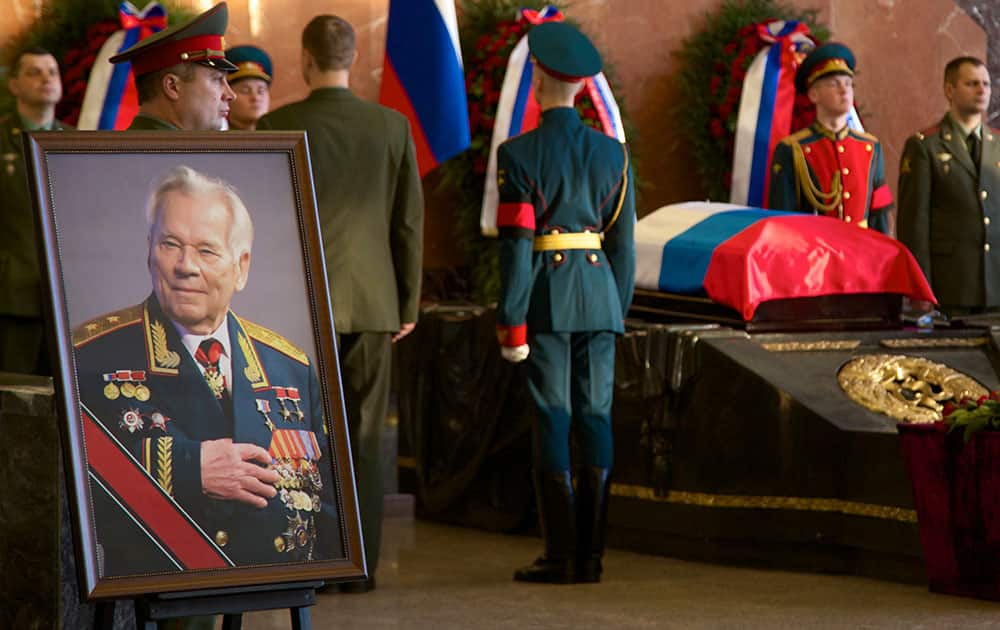 Honor guards surround the coffin with body of Russian firearm designer Mikhail Kalashnikov during the funeral in Moscow, Russia.