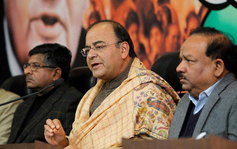 Senior BJP leader Arun Jaitley addresses the media at party headquarters on Thursday after Gujarat Chief Minister Narendra Modi gets clean chit in 2002 Gulbarg society case as metropolitan magistrate rejects Zakia Jafri`s plea against SIT`s clean chit.