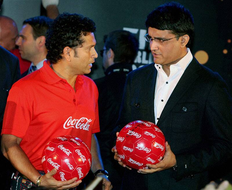 Former Indian Cricketer Sachin Tendulkar and Sourav Ganguly during FIFA World Cup Trophy Tour in Kolkata.
