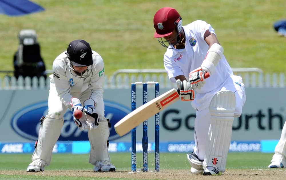 West Indies Kraigg Brathwaite cuts in front of New Zealand`s B J Watling on the first day of the third international cricket match at Seddon Park in Hamilton, New Zealand.