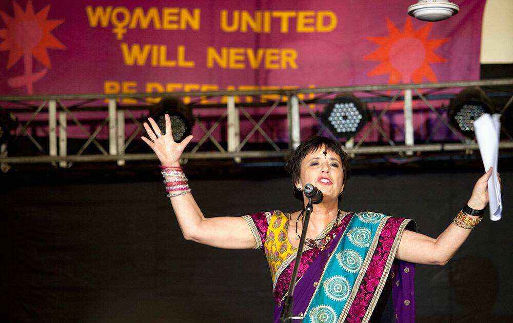 American playwright and activist Eve Ensler speaks at a gathering to mark the first anniversary of the fatal gang rape of a New Delhi woman in Dharmsala.