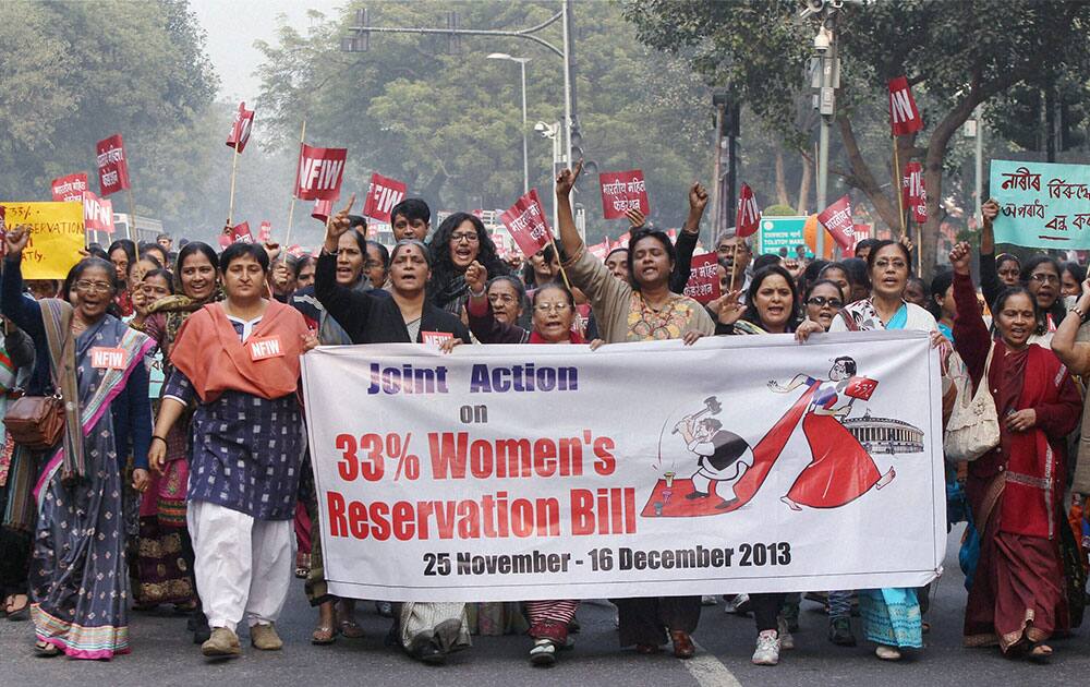 National Federation of Indian Women (NFIW) members during a protest in support of women`s freedom and Women`s Reservation Bill at Jantar Mantar in New Delhi.