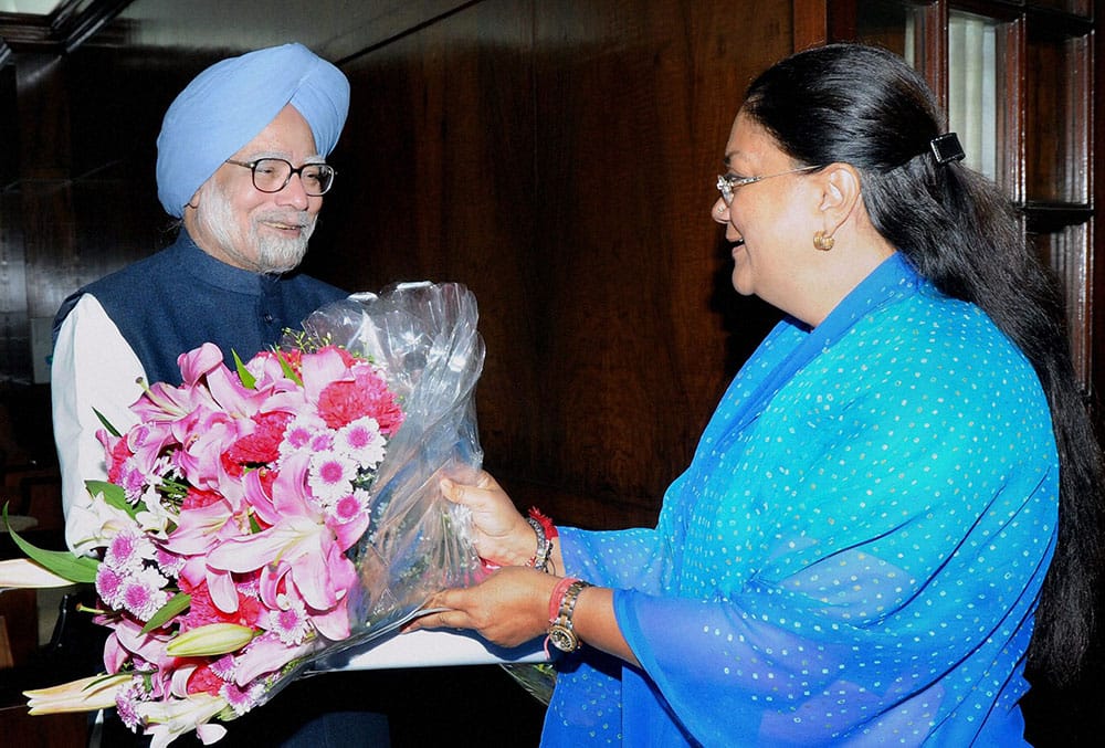 Prime Minister Manmohan Singh and Rajasthan CM Vasundhara Raje at a meeting at Parliament House in New Delhi.