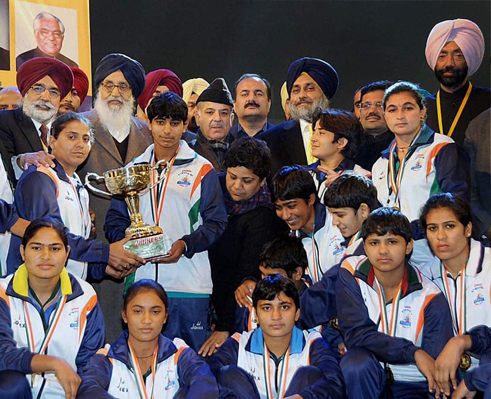 4th World Cup Kabaddi 2013 champion Indian (Women) team players with the trophy, India beat Denmark in the final in Ludhiana on Saturday late night.