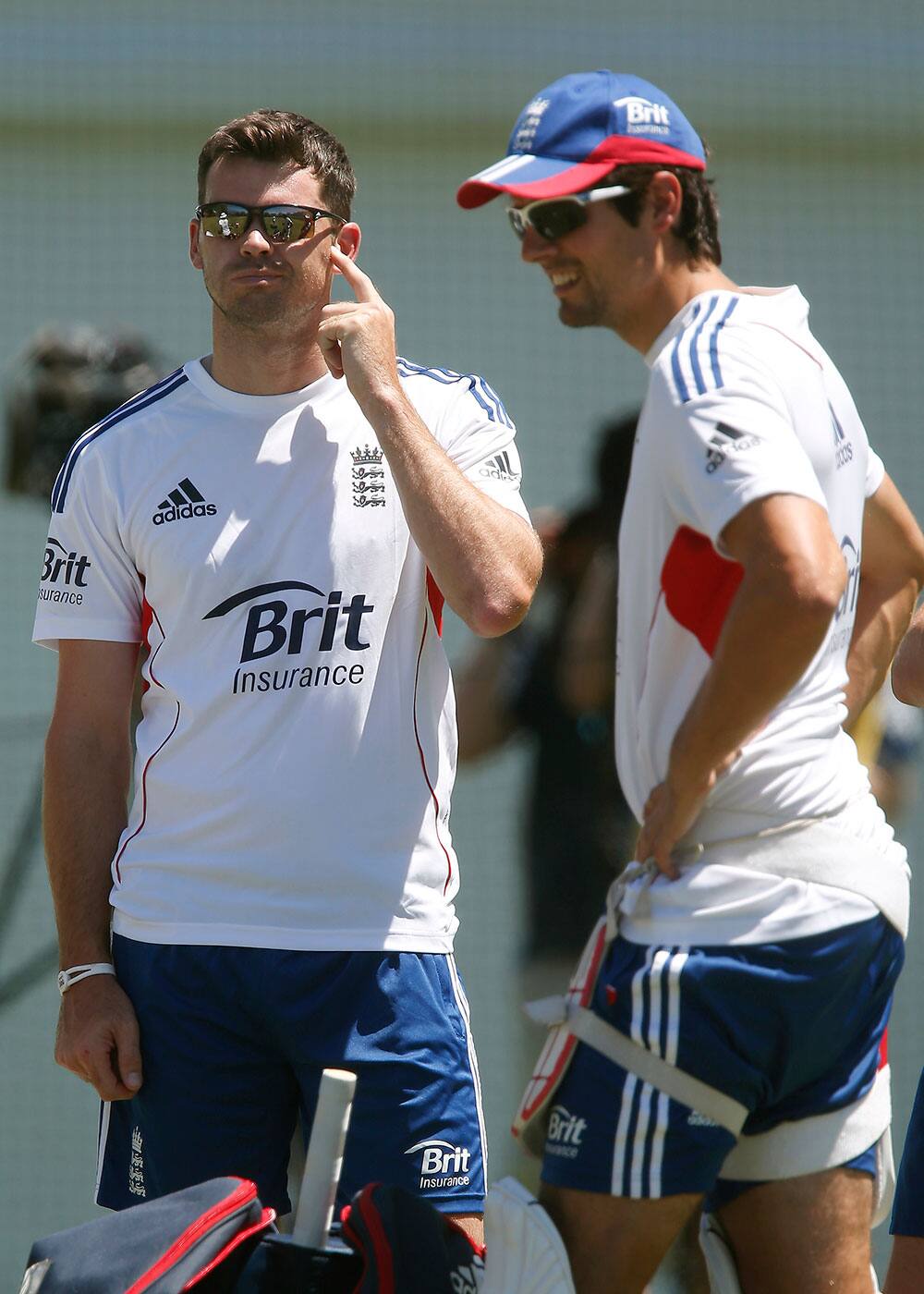 England`s James Anderson, left, and Alastair Cook attend a nets practice session in Perth, Australia.