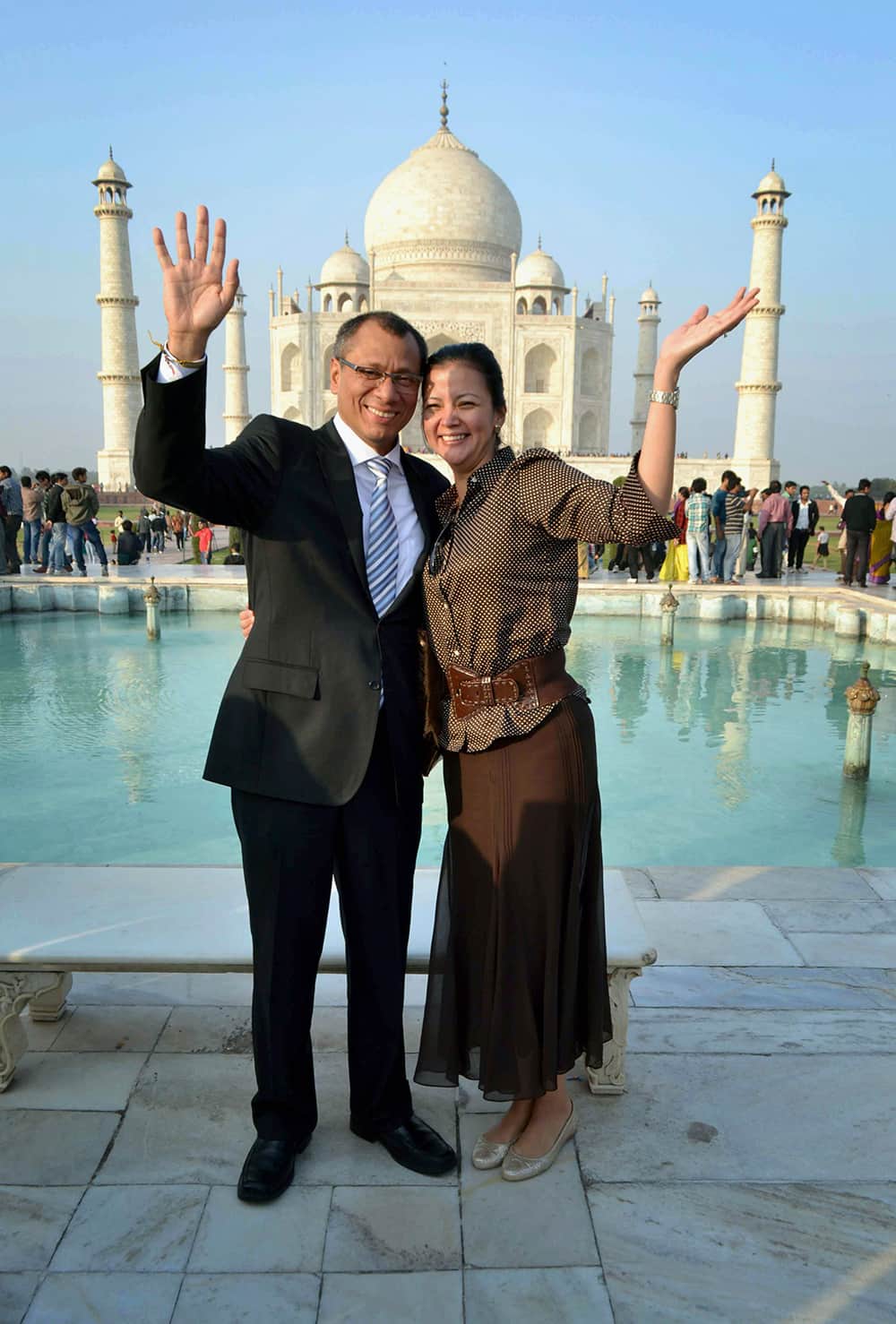 Ecuador’s Vice President Jorge Glass and his wife pose for a photograph in front of the Taj Mahal in Agra.