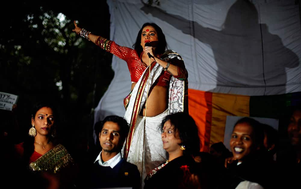 A gay rights activist delivers a speech during a protest against a court ruling in India in New Delhi.