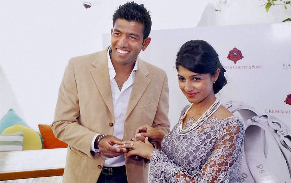 Tennis player Rohan Bopanna with wife Supriya during the promotion of a jewellery brand, in Bengaluru.