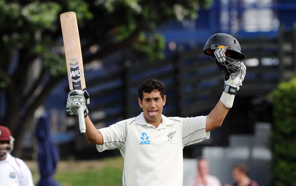 New Zealand`s Ross Taylor celebrates his century against West Indies during the first day of the second International cricket match at Basin Reserve in Wellington, New Zealand.