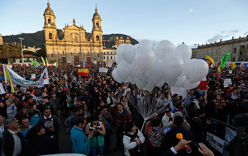 Supporters of Bogota`s Mayor Gustavo Petro gather at the main square of Bogota during their second day of protest against Colombia`s inspector-general Alejandro Ordonez in Bogota, Colombia.