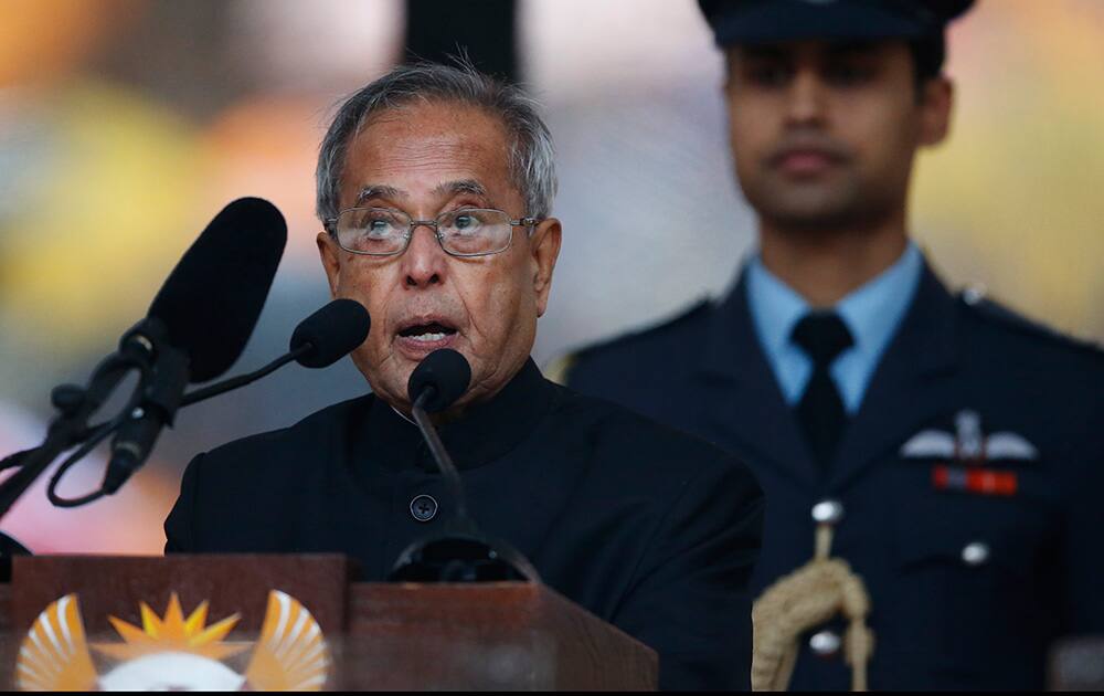 India’s President Pranab Mukherjee speaks during the memorial service for former South African president Nelson Mandela at the FNB Stadium in Soweto near Johannesburg.