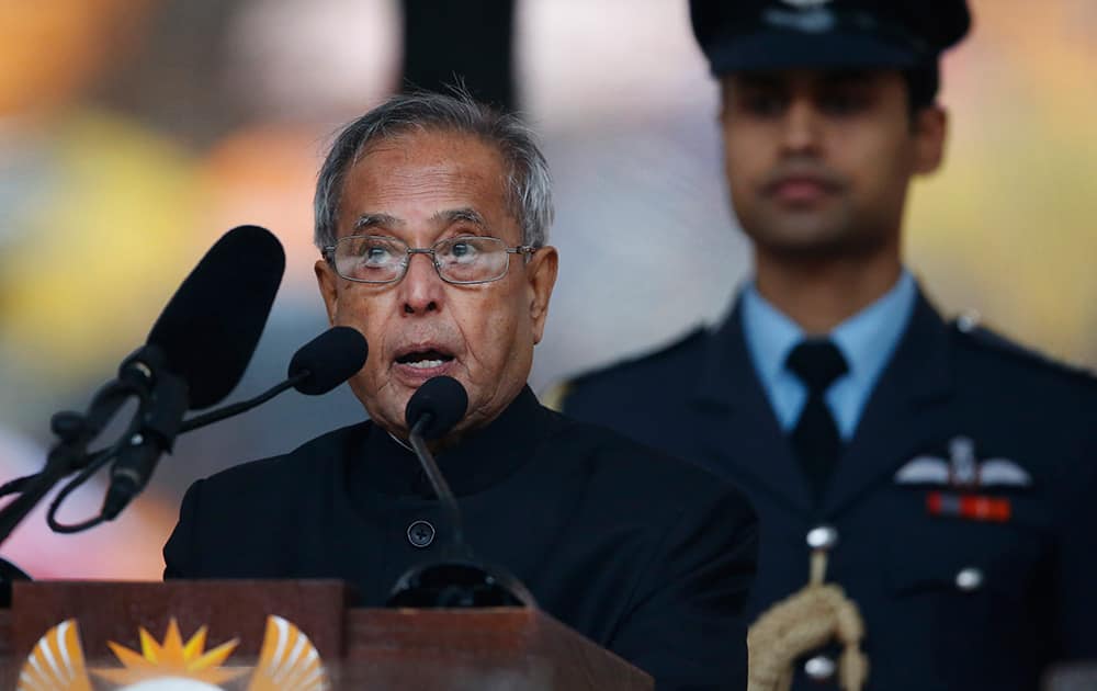 India’s President Pranab Mukherjee speaks during the memorial service for former South African president Nelson Mandela at the FNB Stadium in Soweto near Johannesburg.