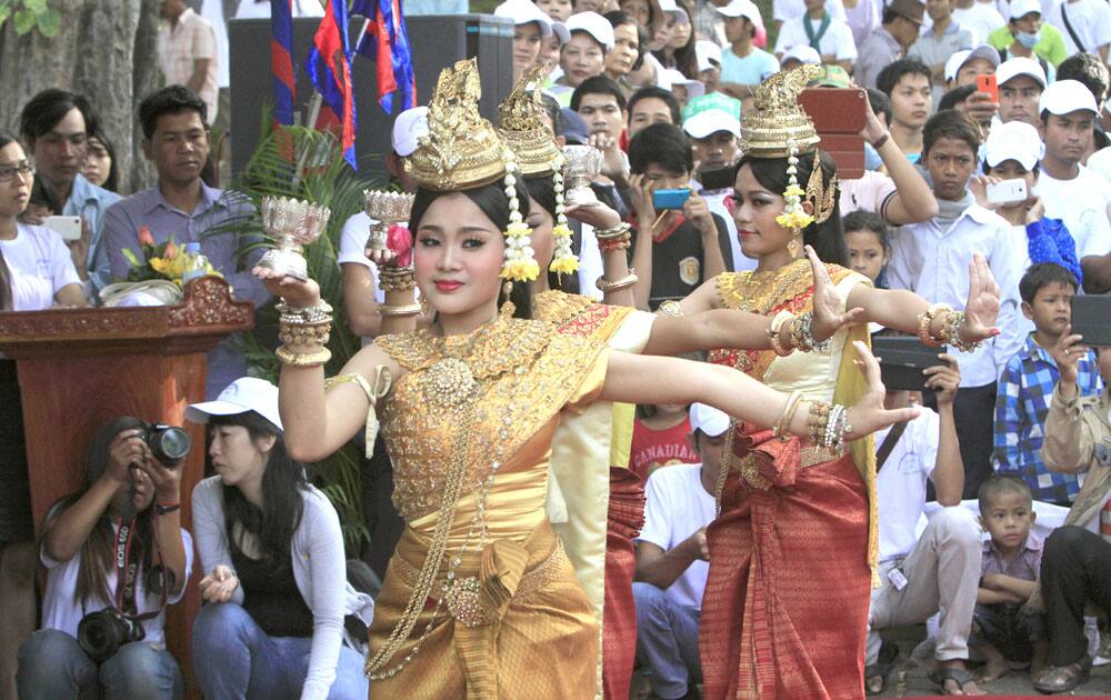 Cambodian dancers perform a blessing dance during a celebration marking the 65th International Human Rights Day in Phnom Penh, Cambodia.
