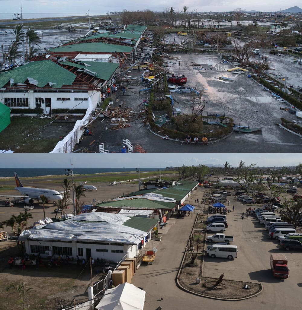 This combination of photos shows progress of cleanup efforts of debris once scattered across the airport on Saturday, Nov. 9, 2013, top, a day after Typhoon Haiyan struck, and on Monday, Dec. 9, 2013, commercial flights become more regular one month after, in Tacloban, Leyte province.