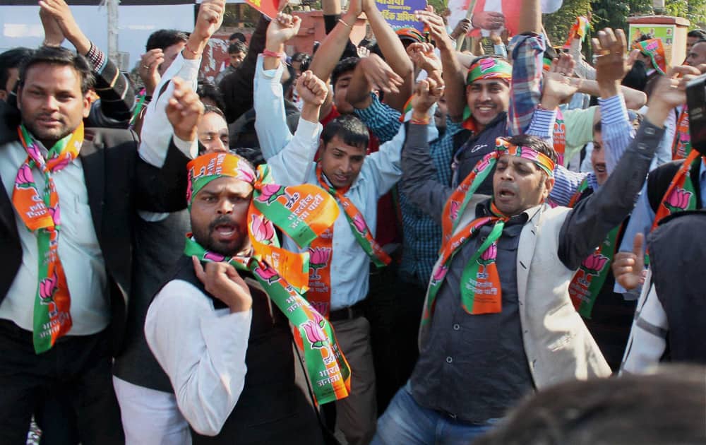 A scene outside BJP office after the party`s thumping win in the Rajasthan assembly polls, in Jaipur.