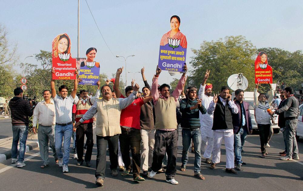 A scene outside BJP office after the party`s thumping win in the Rajasthan assembly polls, in Jaipur.