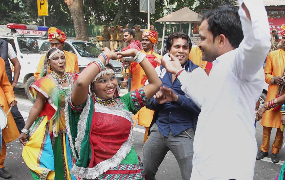 Celebrations at Delhi BJP office after counting trends showed party`s win in Assembly polls, in New Delhi.