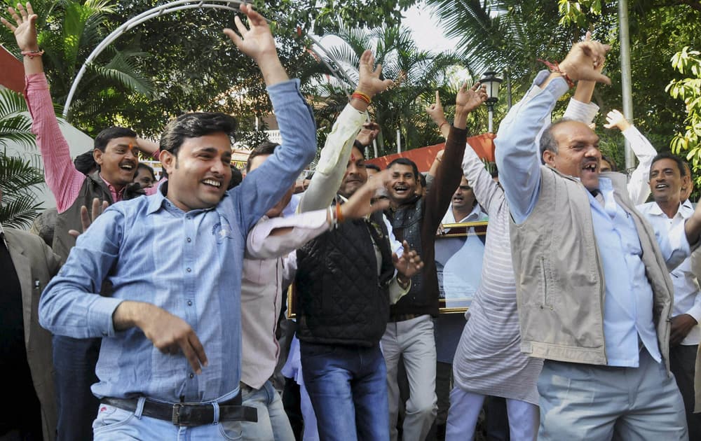 Celebrations at Delhi BJP office after counting trends showed party`s win in Assembly polls, in New Delhi.
