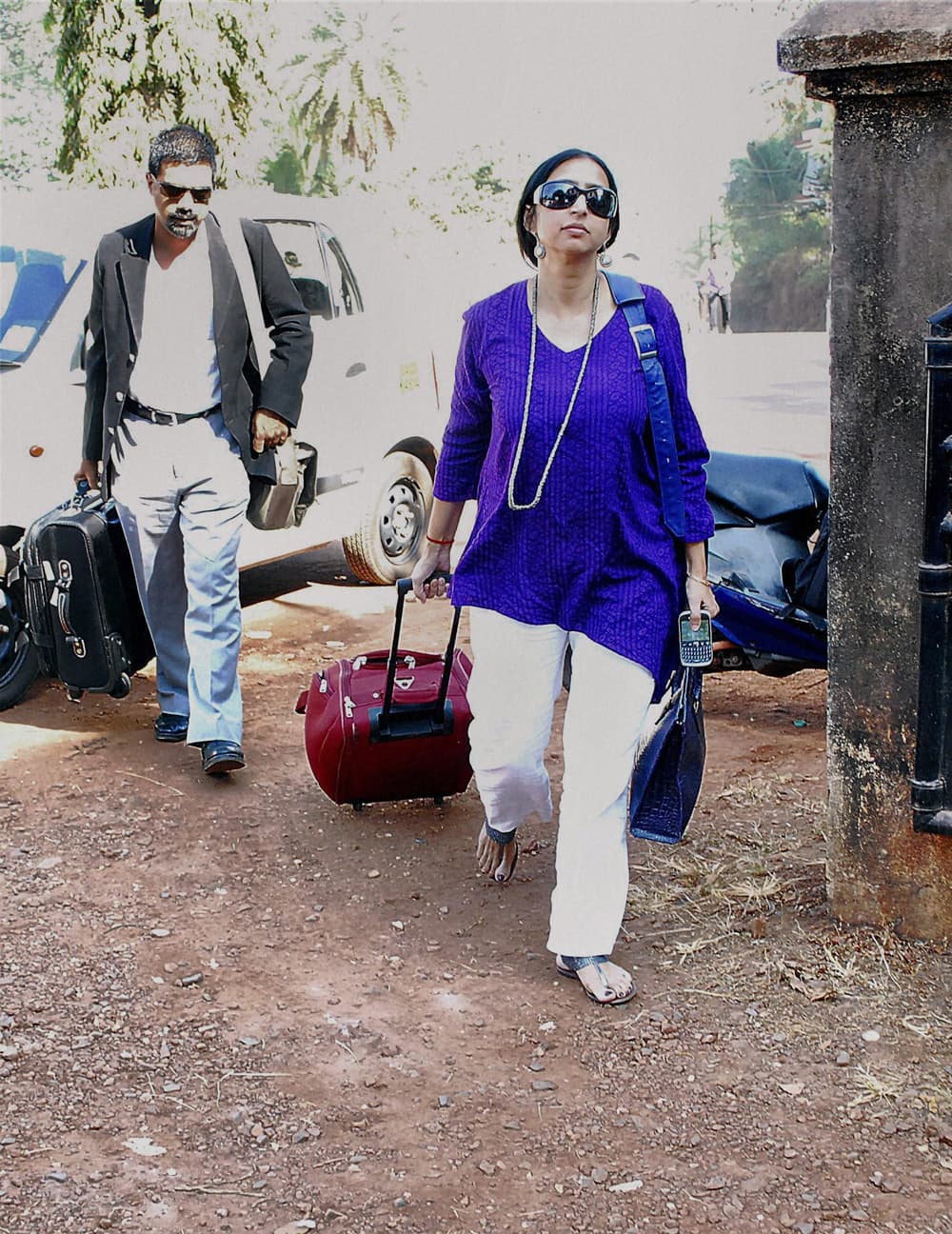 Journalist Shoma Chowdhury along with her lawyer arrives at the CID crime branch office for questioning in the Tarun Tejpal sexual assault case at Dona Paula, Panaji in Goa.