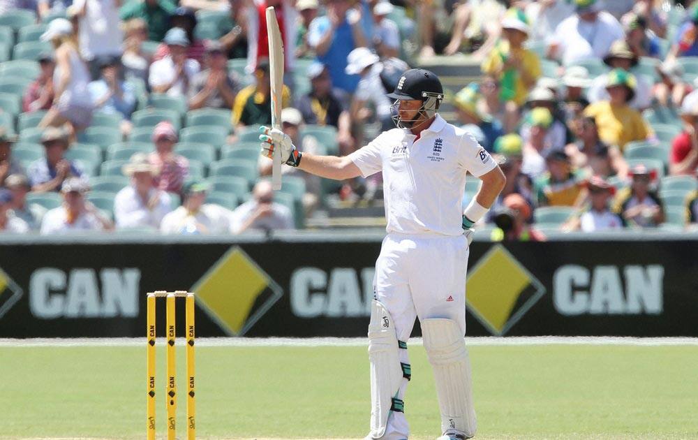 England`s Ian Bell celebrates his fifty against Australia during their second Ashes cricket test match in Adelaide, Australia.