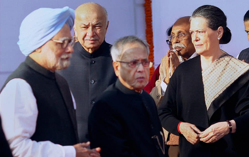 President Pranab Mukherjee, Prime Minister Manmohan Singh and Congress President Sonia Gandh at a function to pay tributes to Bhim Rao Ambedkar on his 58th Mahaparinirvan Diwas at Parliament House in New Delhi.