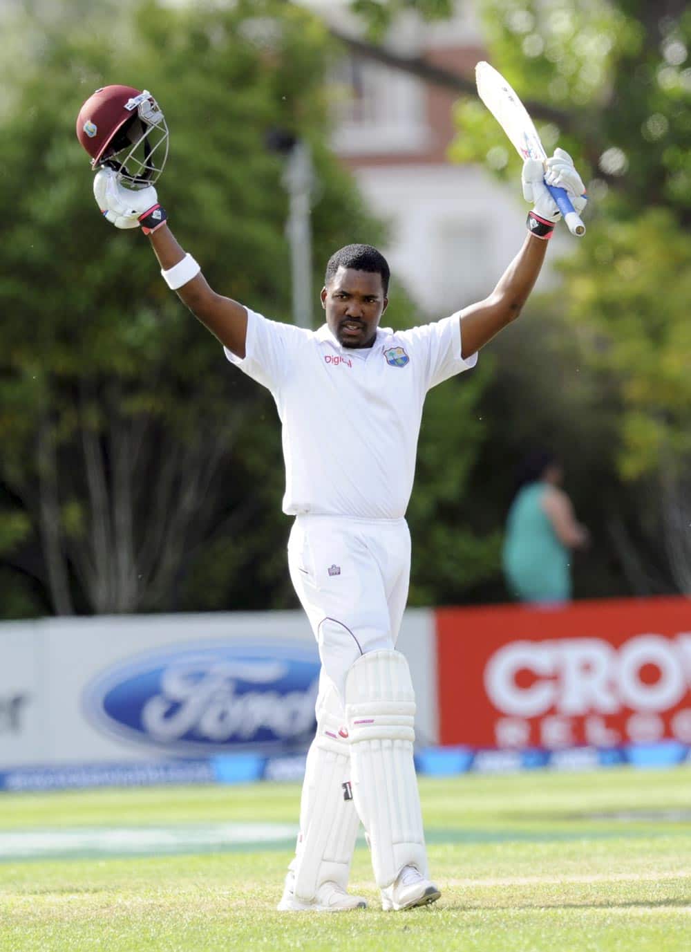 West Indies Darren Bravo celebrates his double century against New Zealand on the fourth day of the International cricket match at University Oval in Dunedin, New Zealand.