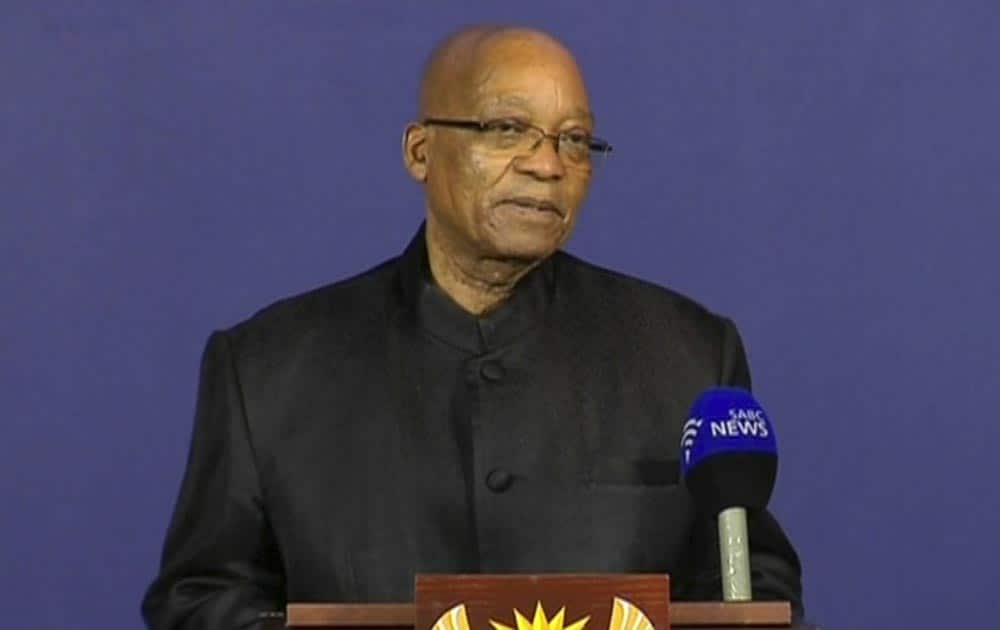 This image from TV, President of South Africa Jacob Zuma talks to the media, from a podium in Pretoria, South Africa.
