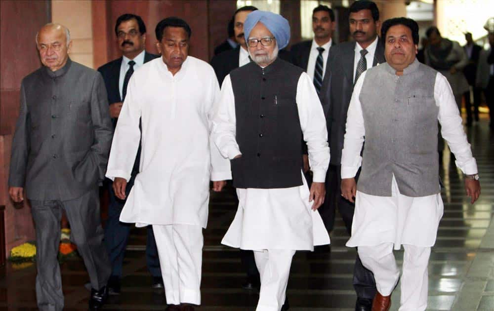 Manmohan Singh with Union Parliamentary Affairs Minister Kamal Nath, Home Minister Sushilkumar Shinde and MoS Rajiv Shukla after attending an all-party meeting, convened by the Speaker Meira Kumar, ahead of the winter session of Parliament in New Delhi.