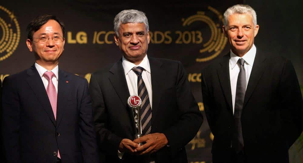 Managing director of LG Electronics (Thailand), Hyun Woo Lee, BCCI secretary Sanjay Patel and ICC Chief Executive David Richardson during announcement of the shortlisted ICC Test and ODI Teams of the Year 2013, in Mumbai.