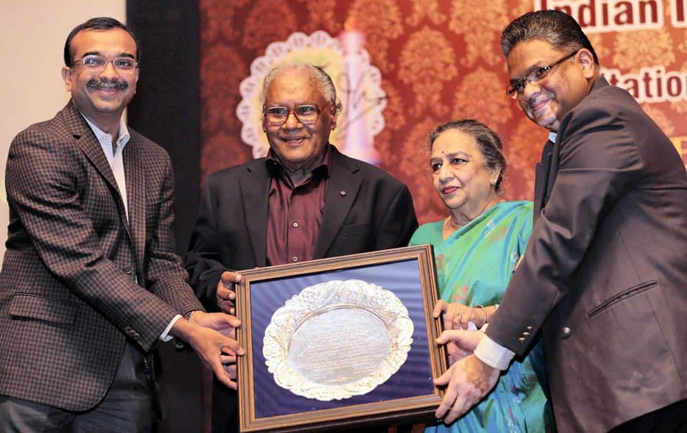 Scientist CNR Rao, accompanied by his wife Indumathi Rao, being felicitated on his 80th birthday at JN Tata Auditorium in Bengaluru.