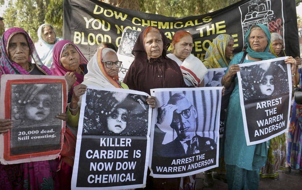 Survivors of the Bhopal gas disaster staging a demonstration on the eve of 29th anniversary of tragedy in Bhopal.