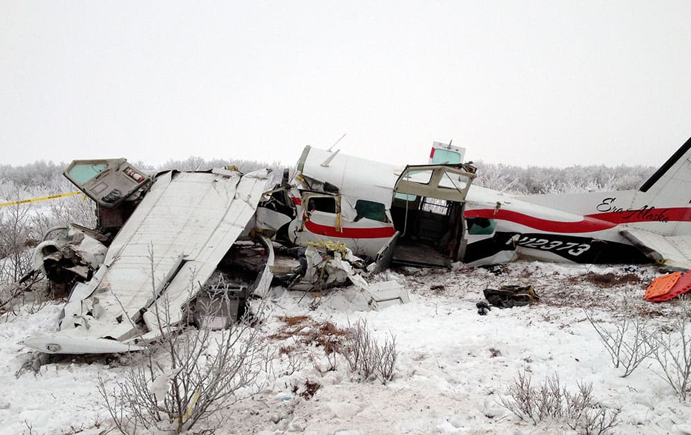 This image provided, courtesy of Alaska State Troopers shows the wreckage of a plane that crashed Friday near St. Marys, Alaska.